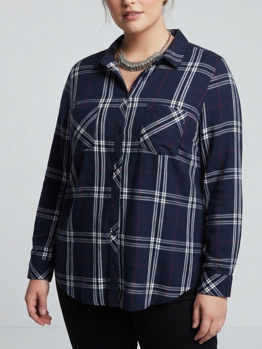 REITMANS Navy, White, Red Plaid Button-Down Shirt 2X